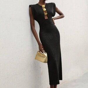 Black Elegant Women's Bodycon Long Dress Puff Sleeves Crew Neck